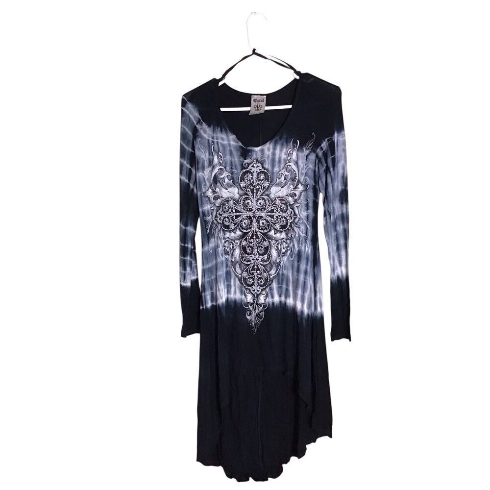 Vocal Women TieDye Tunic/Dress Rhinestone Embellished Shirt Sz. Sm/Med Blue/Grey